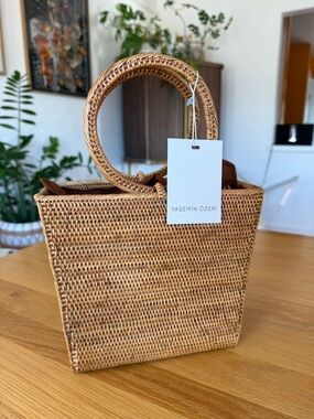 Yasemin Ozeri Brown Woven Rattan Tote with Round Handles